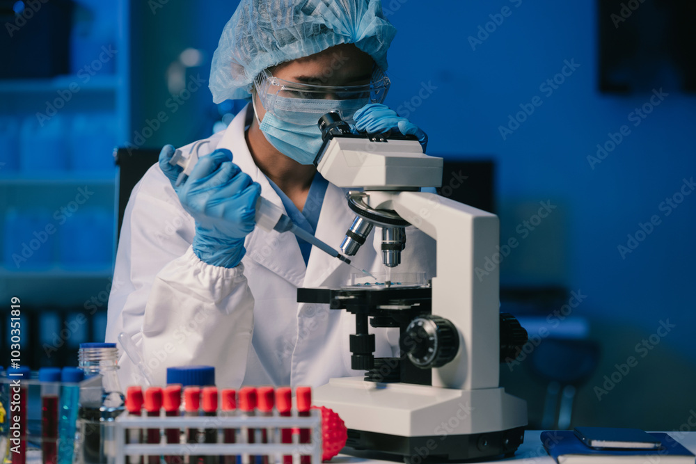 Wall mural scientist mixing chemical liquids in the chemistry lab. researcher working in the chemical laborator