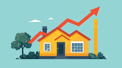 Property value increase, house and upward arrow, flat design illustration