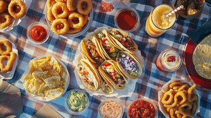 Top view of Mexican food including tacos, nachos, coleslaw, onion rings and sauces.