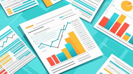 Stock options, financial documents and charts with upward trends, flat design illustration