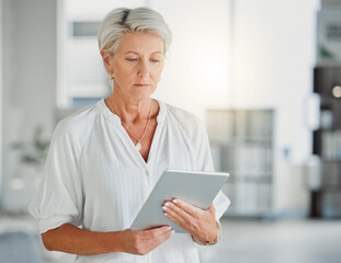 Mature, reading or businesswoman on tablet in startup for creative research, schedule check or planning. Entrepreneur, designer or manager with online article for project, technology or fashion blog