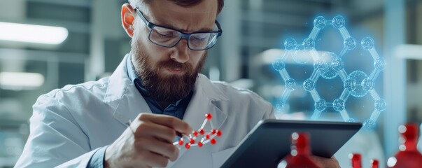 A chemist in a lab coat, holding a molecular model while analyzing data on a tablet, with a glowing blue monogram of molecular structures in the background.