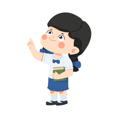 Kid girl student  in school uniform pointing to something