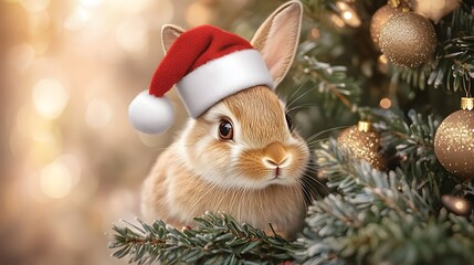 Curious Rabbit Peeking from Festive Christmas Tree Branches in Whimsical Environmental Portrait