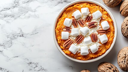Sweet Potato Casserole with Pecans and Marshmallows