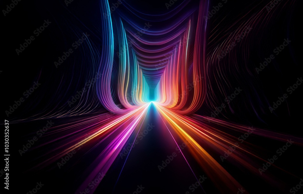 Poster abstract digital art with glowing lines of light forming a tunnel, receding to a point in the distan