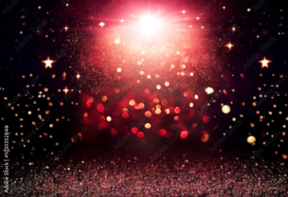Poster red and white bokeh lights create a warm, festive glow against a dark background.