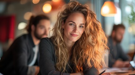 A confident woman with curly hair is smiling warmly at the camera in a modern office setting, exuding professionalism, positivity, and approachability.