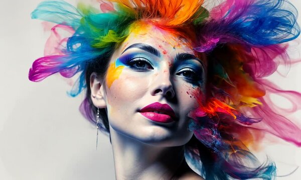 A woman's face with a colorful abstract design.