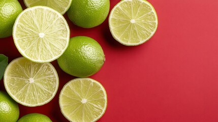 Fototapeta premium Several fresh and juicy whole and half-cut green limes are placed on a vibrant red background, showcasing their bright color contrast and tempting freshness.