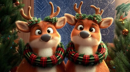 Cozy Christmas Reindeer with Vibrant Plaid Wreaths in Festive Cottage Interior