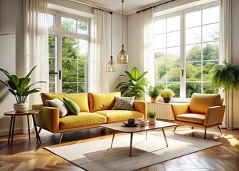 A modern Scandinavian space embraces a vibrant yellow sofa, harmonizing sleek lines and cozy elements, creating a stylish, inviting sanctuary for relaxation.