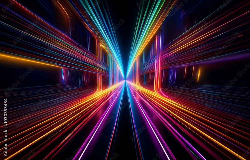 Poster abstract image of colorful neon glowing lines in a dark background.