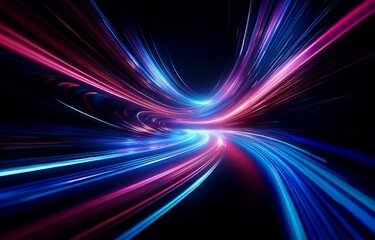 Abstract streaks of light in blue and pink colors converge at the center of the image in a dark background.