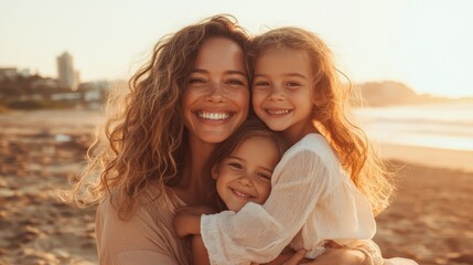 A mother lovingly hugs her two young daughters on a sunlit beach, capturing a moment of family togetherness amidst the serene backdrop of the sea and sand.