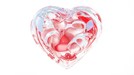 Glass transparent isolated heart. Realistic soap bubble in the shape of a heart, glare, light and sparkles. Glossy holographic chrome futuristic decoration element.