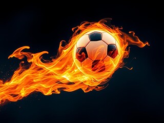 A soccer ball is flying through the air, engulfed in flames