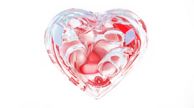 Glass transparent isolated heart. Realistic soap bubble in the shape of a heart, glare, light and sparkles. Glossy holographic chrome futuristic decoration element.