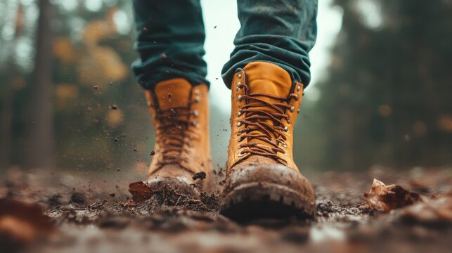Yellow boots stepping confidently through mud on a forest trail, capturing the dynamic movement and outdoor spirit of a journey in a natural setting.