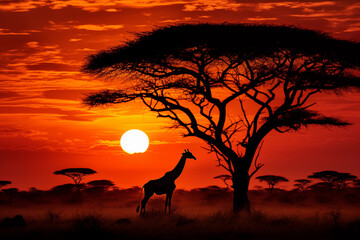 Acacia tree, sunset and giraffes in silhouette in Africa