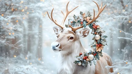 Majestic Reindeer Centerpiece Adorned with Ornate Christmas Wreath in Serene Snowy Forest