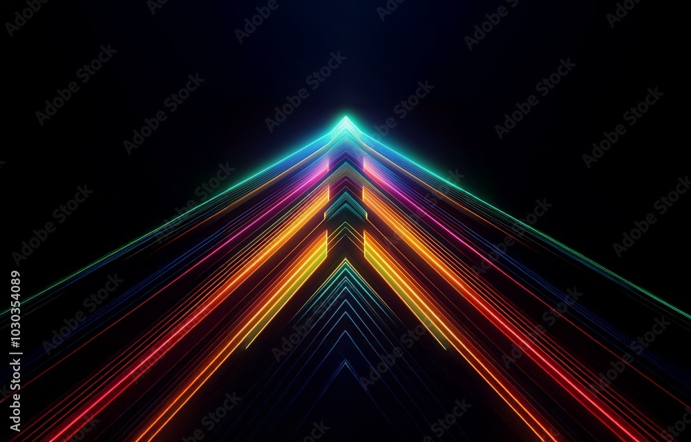 Poster a dark background with brightly colored neon lines converge to a single point in the distance.