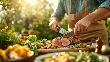 Hands of a chef slicing juicy meat with a knife on a wooden board, surrounded by fresh vegetables under sunlight, embodying culinary precision and artistry.