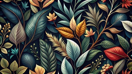 An elegant dark floral and leaf pattern, seamlessly designed for backgrounds. This vector illustration adds sophistication and a touch of nature to your designs.