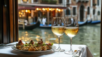 Scenic Venetian Snack Moment with White Wine