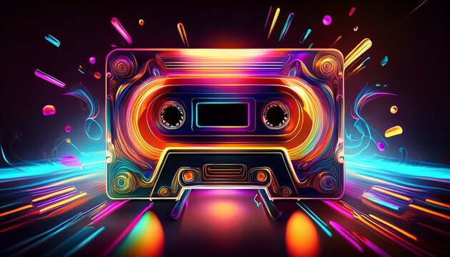 Eine Neon-Kassette im Sinne der Nostalgie der 90er Jahre. Eine Audiokassette zum H&ouml;ren von Musik.