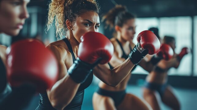 Women boxing fitness class, a group of diverse women participating in a high-energy boxing workout in a modern studio - Powered by Adobe