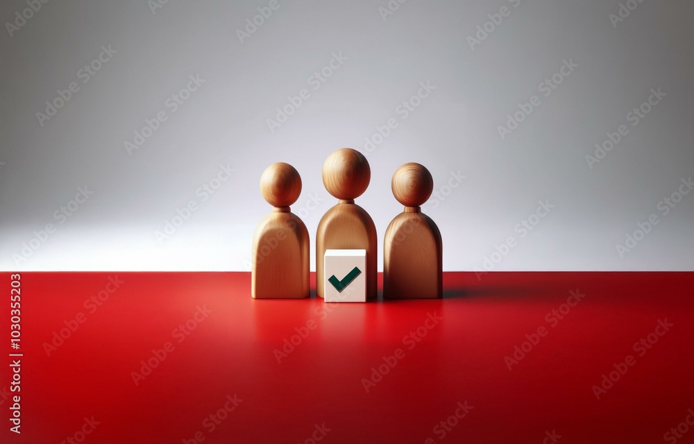 Poster three wooden figures stand on a red surface with a check mark in front of the middle figure.