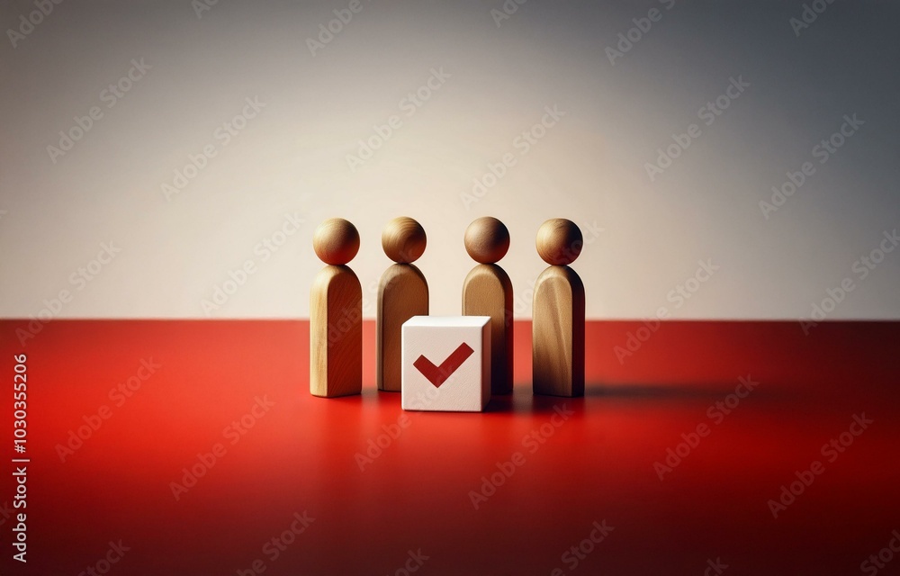 Poster four wooden figures stand in front of a white cube with a red checkmark on it, against a red and whi