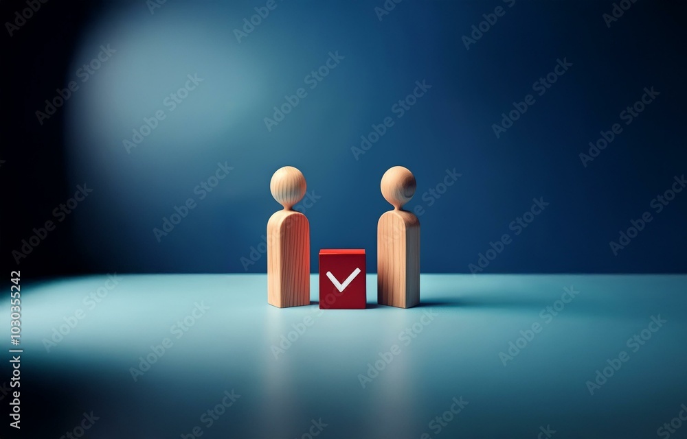 Poster two wooden figures stand on a blue surface, one on either side of a red block with a white checkmark