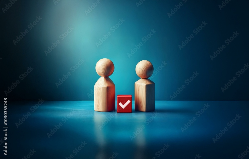 Poster two wooden figures stand on a blue surface with a red block with a white checkmark in between them.