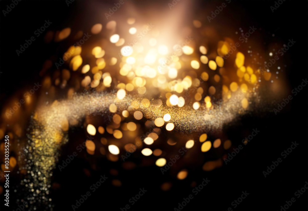 Poster abstract background with gold bokeh and glittery particles.