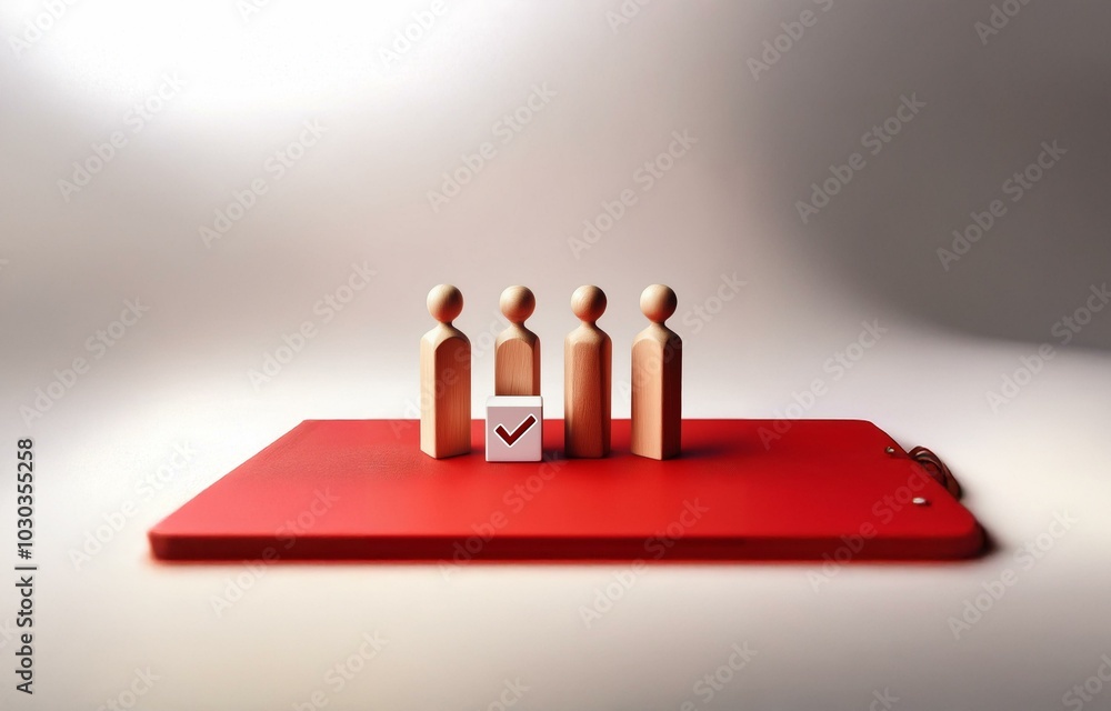 Poster four wooden figures stand in a row on a red surface, with a white cube displaying a red checkmark in