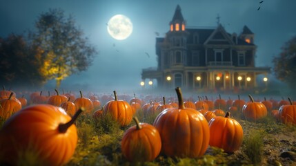 A pumpkin field under the eerie light of a full moon, with a haunted house in the background. 