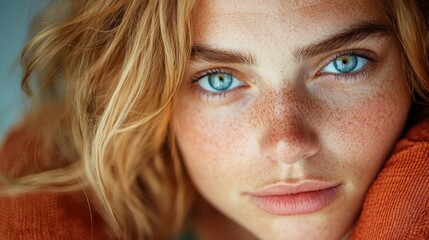 A stunning close-up of a woman with freckles and piercing blue eyes, captured in natural light, showcasing raw beauty and tenderness.