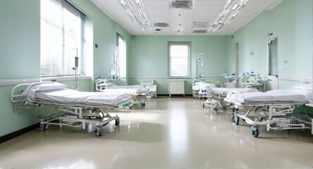 Bright hospital ward with clean surfaces, empty beds, and sunlight pouring in.