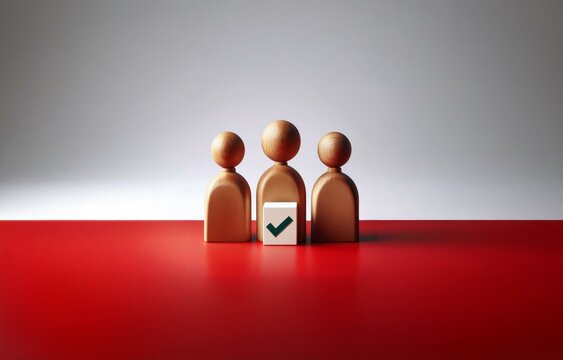 Three wooden figures stand on a red surface with a check mark in front of the middle figure. - Powered by Adobe