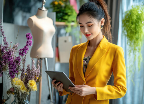 Asian fashion designer using digital tablet in her workshop