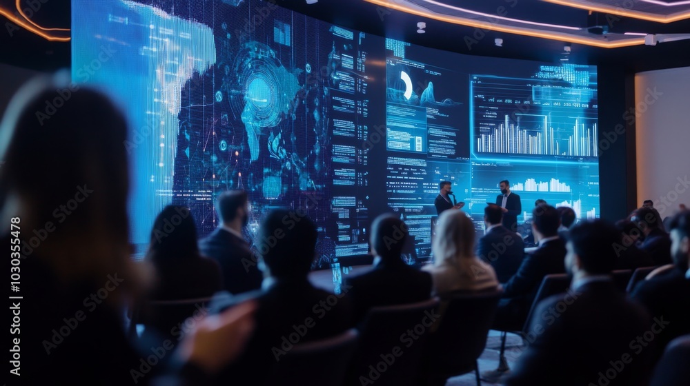 Fototapete A group of professionals attentively listens as two speakers present data on a large screen. The setting features advanced technology and a modern design, highlighting a collaborative atmosphere.