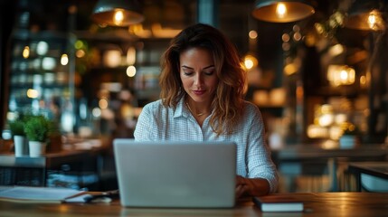 A focused woman works on her laptop in a cozy cafe setting, surrounded by warm lights, embodying creativity and professionalism in a serene workspace.