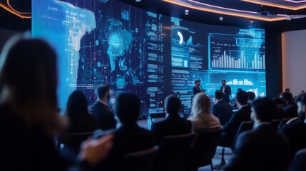 A group of professionals attentively listens as two speakers present data on a large screen. The setting features advanced technology and a modern design, highlighting a collaborative atmosphere.