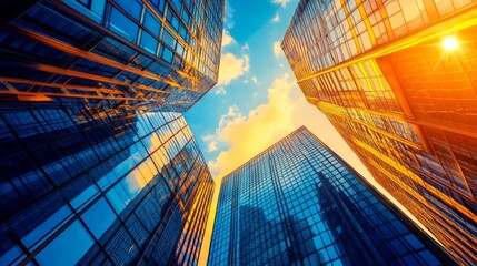 A low-angle shot of towering office blocks, their sleek architecture illuminated by the sun against a vivid blue sky