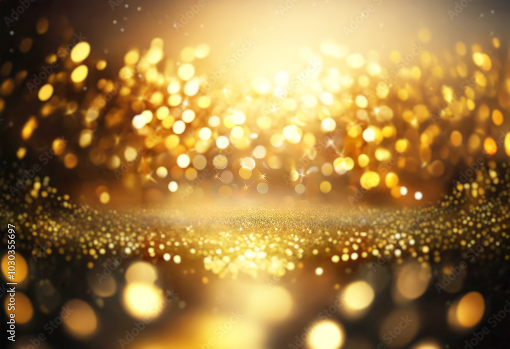 Poster golden glitter sparkles with bokeh lights on a dark background.