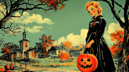 Cute red-haired girl with a basket for sweets in the shape of a pumpkin Jack goes for sweets on Halloween eve. Vintage Halloween illustration, retro style