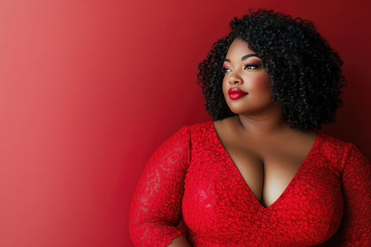Beautiful plus size african american model posing on red background