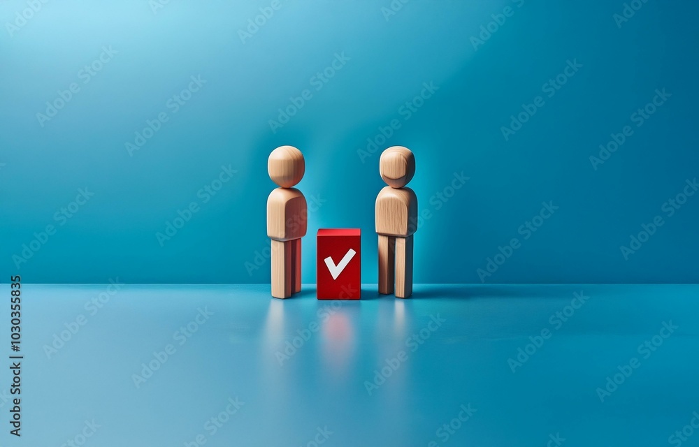 Poster two wooden figures stand in front of a red block with a white checkmark on a blue background.